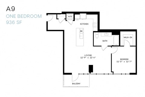 Floor plan for 1 bed, 1 bath, 936 sqft